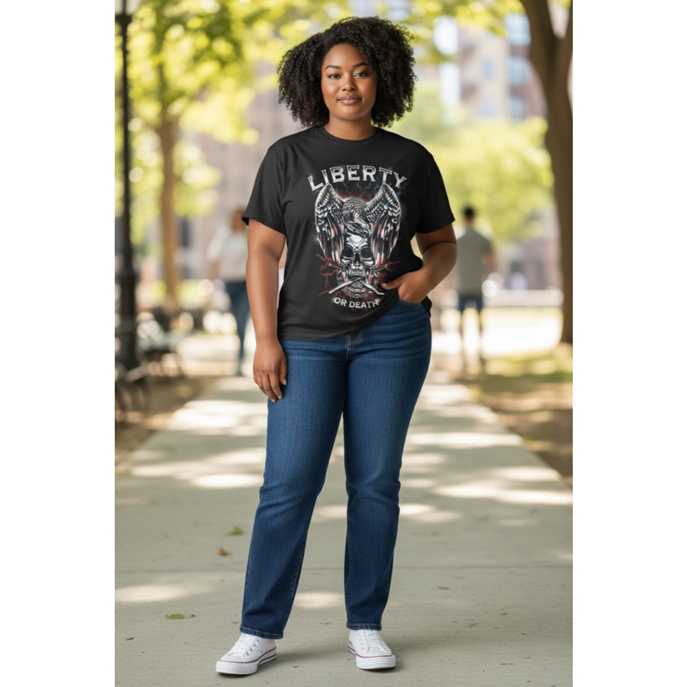 Women's Delta Apparel Black Liberty or Death Graphic Tee L